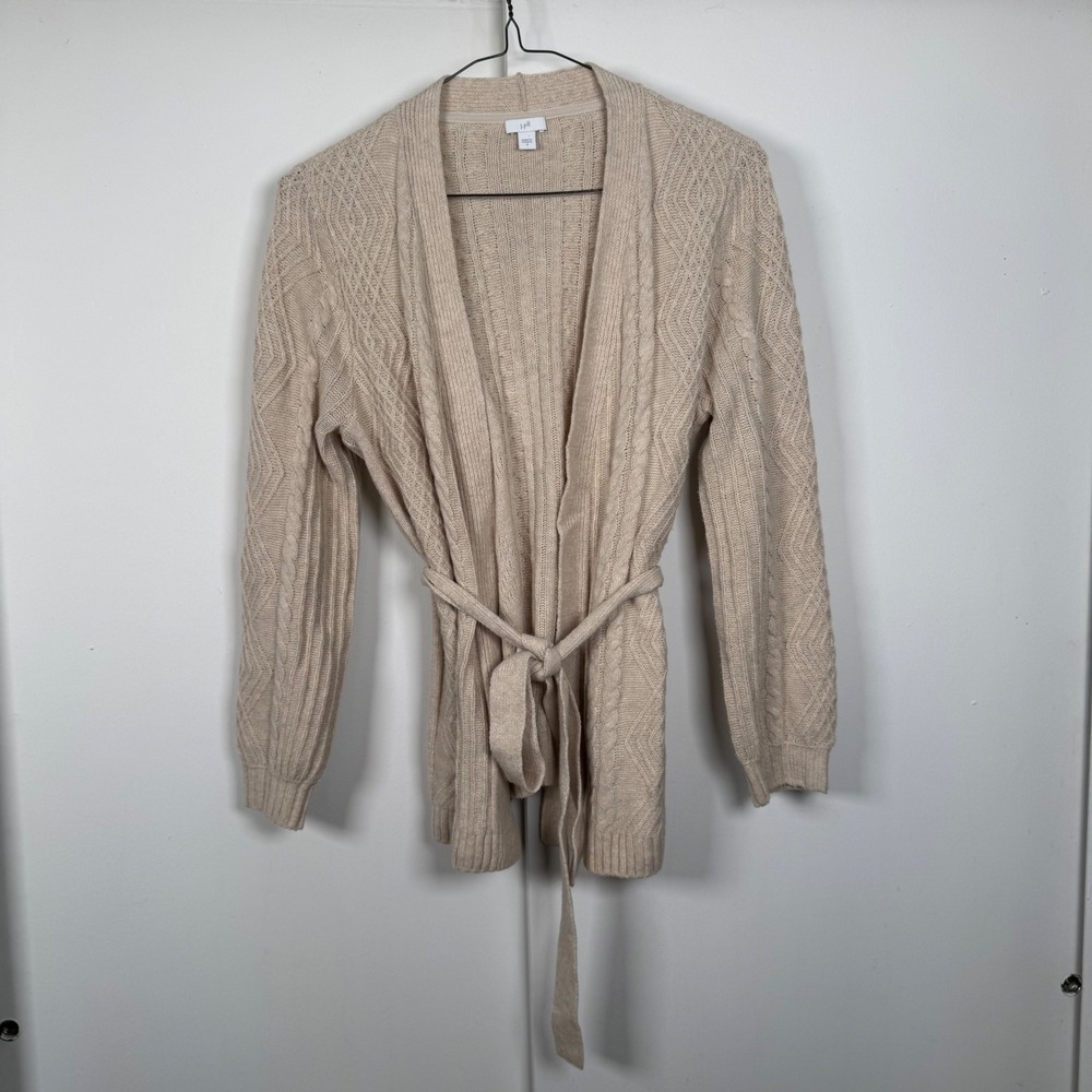 J. Jill Womens Beige Cable Knit Tie Waist Open Front Cardigan Sweater Small